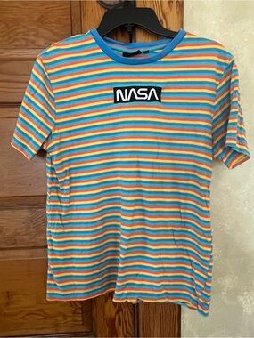 Hyper Space Rainbow Striped Nerdy NASA Future Space Science Retro T-Shirt Sz S